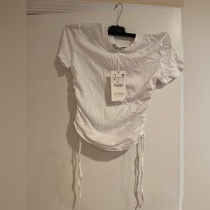 Zara white women cropped Tshirt with ruched sides size small